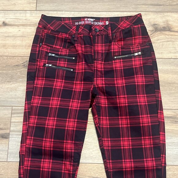 Hot Topic Denim High Rise Super Skinny Pants SZ 9 Black Red Plaid - Picture 2 of 13